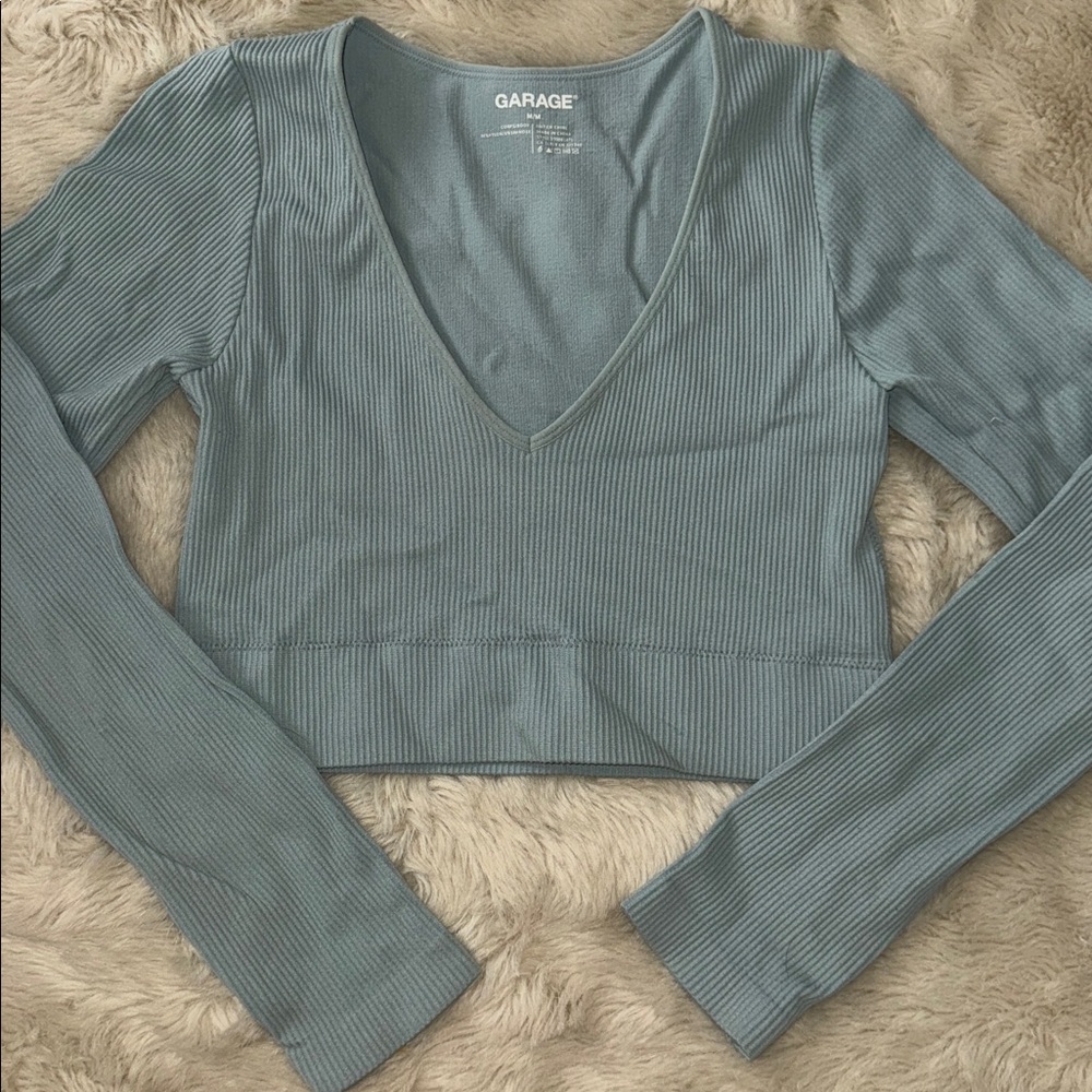 Garage Women's Ribbed V-Neck Crop Top - Light Green/Blue